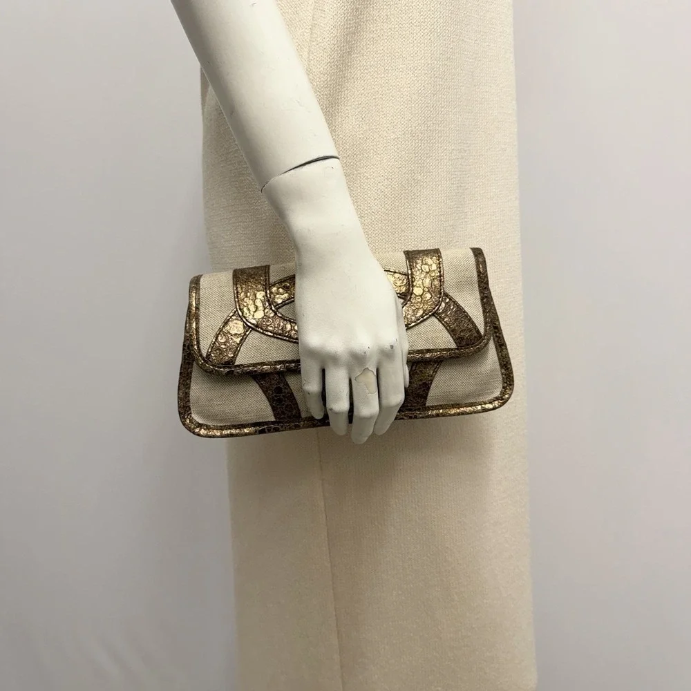 Isabella Fiore Clutch Bag Purse City Lights Clara Bronze Flax Leather & Linen
